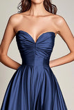 A Line Navy Strapless Satin Pleated Long Prom Dress