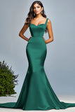 Corset Dark Green Satin Spaghetti Straps Mermaid Long Prom Dress