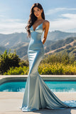 Mermaid Sky Blue Satin Deep V-Neck Long Prom Dress