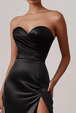 Sheath Black Strapless Satin Long Prom Dress with Slit