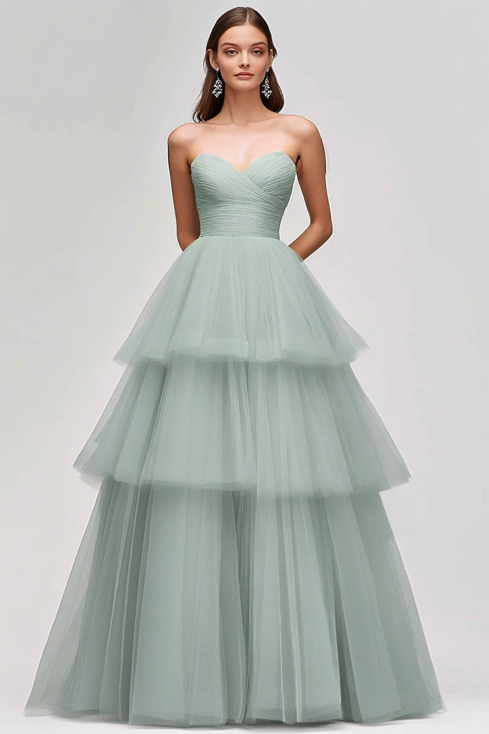 A Line Light Green Tulle Strapless Tiered Long Prom Dress