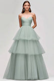 A Line Light Green Tulle Strapless Tiered Long Prom Dress