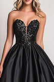 Sparkly A Line Black Satin Sweetheart Long Prom Dress