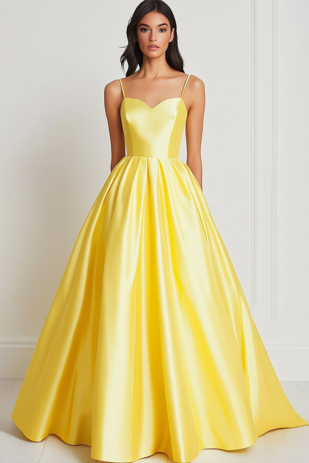 Yellow Ball Gown Satin Sweetheart Spaghetti Straps Long Prom Dress