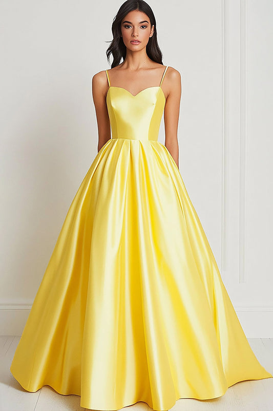 Yellow Ball Gown Satin Sweetheart Spaghetti Straps Long Prom Dress