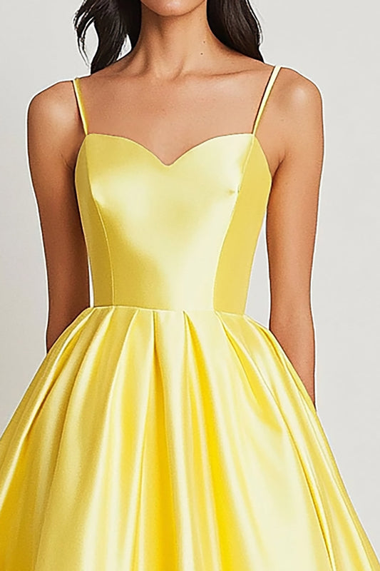Yellow Ball Gown Satin Sweetheart Spaghetti Straps Long Prom Dress