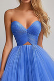 Ball Gown Blue Tulle Sweetheart Pleated Long Prom Dress