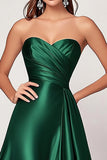 Satin Dark Green A Line Sweetheart Ruched Long Prom Dress