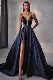 A Line Navy Satin Spaghetti Straps Long Prom Dress with Slit