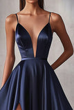 A Line Navy Satin Spaghetti Straps Long Prom Dress with Slit