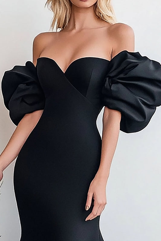 Black Mermaid Off the Shoulder Puff Sleeves Satin Long Prom Dress