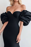 Black Mermaid Off the Shoulder Puff Sleeves Satin Long Prom Dress