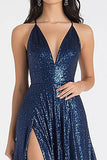 Sparkly Navy A Line Sequins Ruched Long Prom Dress with Slit