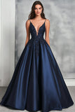 Navy Satin V-Neck Long Prom Dress with Lace Appliques