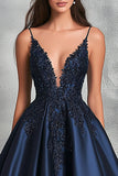 Navy Satin V-Neck Long Prom Dress with Lace Appliques