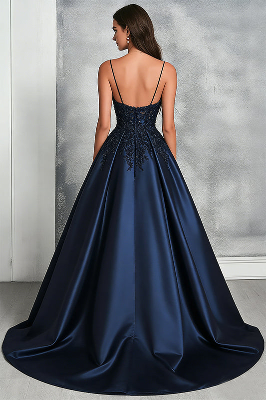 Navy Satin V-Neck Long Prom Dress with Lace Appliques