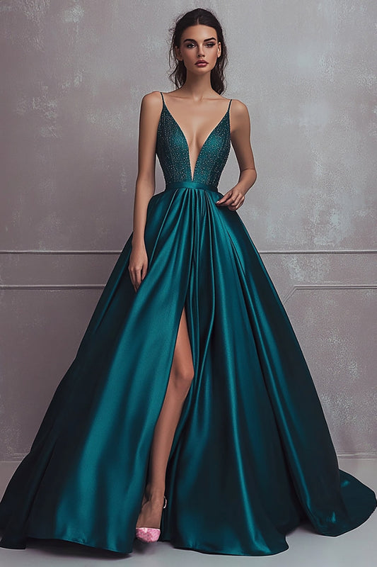 Beaded Dark Green Deep V-Neck Satin Long Prom Dress with Slit