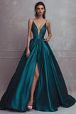 Beaded Dark Green Deep V-Neck Satin Long Prom Dress with Slit