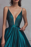 Beaded Dark Green Deep V-Neck Satin Long Prom Dress with Slit