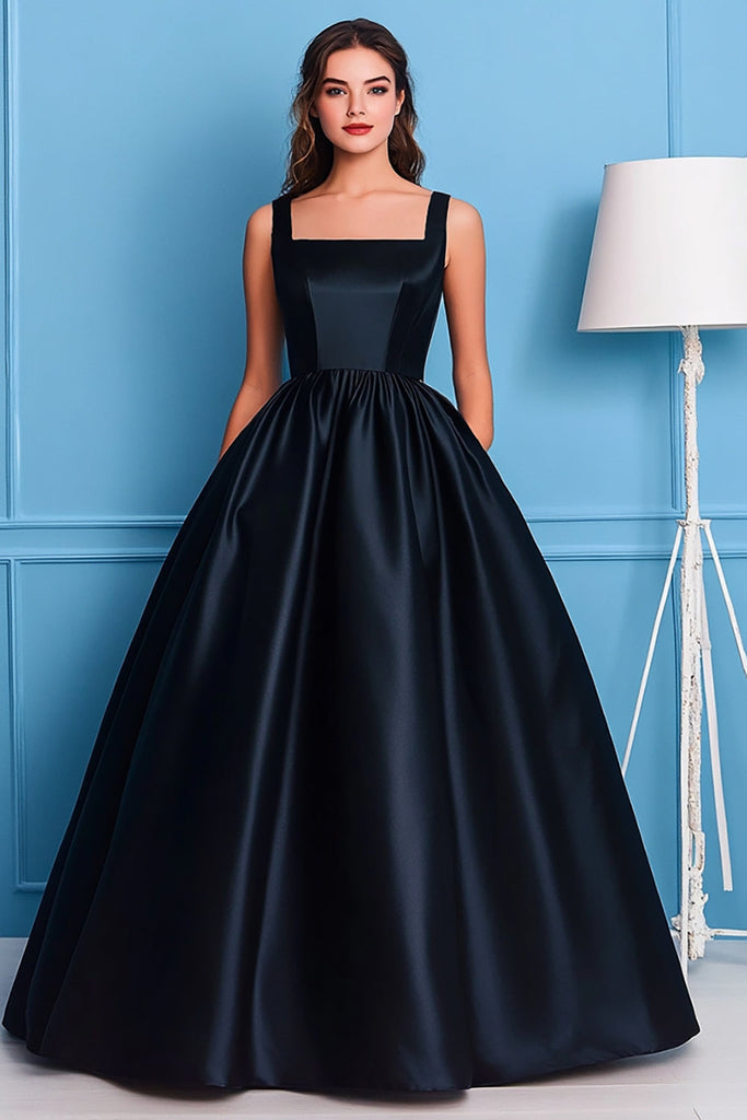 ZAPAKASA Women Black A Line Satin Prom Dress Square Neck Pleated Ball