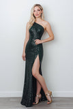 Sparkly Black One Shoulder Sequins Long Prom Dress with Slit