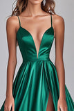 A Line Dark Green Ruched Deep V-Neck Long Prom Dress with Slit