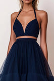 A Line Navy Tulle Separated Tiered Long Prom Dress