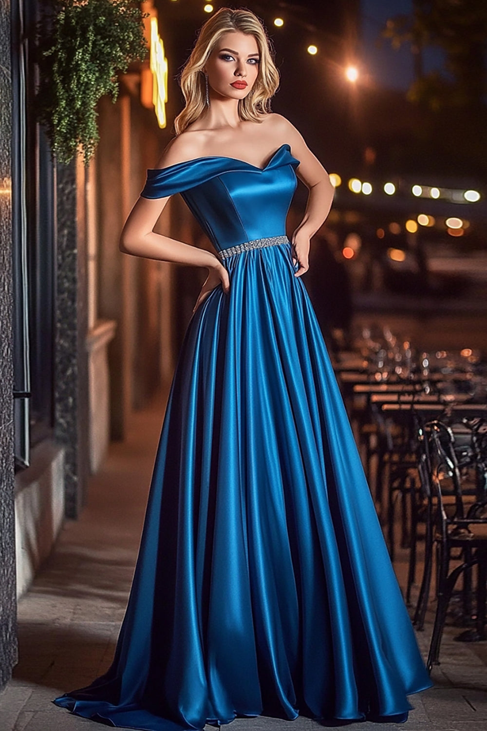 A Line Royal Blue Satin One Shoulder Long Prom Dress with Pleated