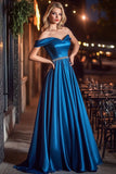 A Line Royal Blue Satin One Shoulder Long Prom Dress with Pleated