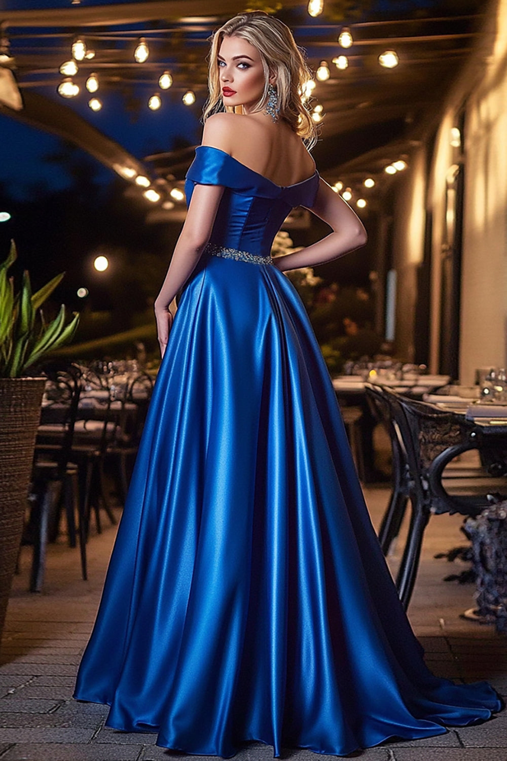 Royal Blue Satin A Line Long Off the Shoulder Prom Dress