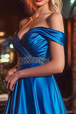 Royal Blue Satin A Line Long Off the Shoulder Prom Dress