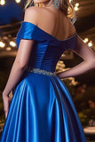 Royal Blue Satin A Line Long Off the Shoulder Prom Dress