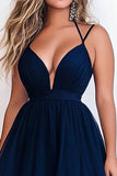 Navy A Line Tulle Spaghetti Straps V-Neck Long Prom Dress