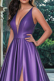 Plum A Line Satin Deep V-Neck Long Prom Dress with Slit