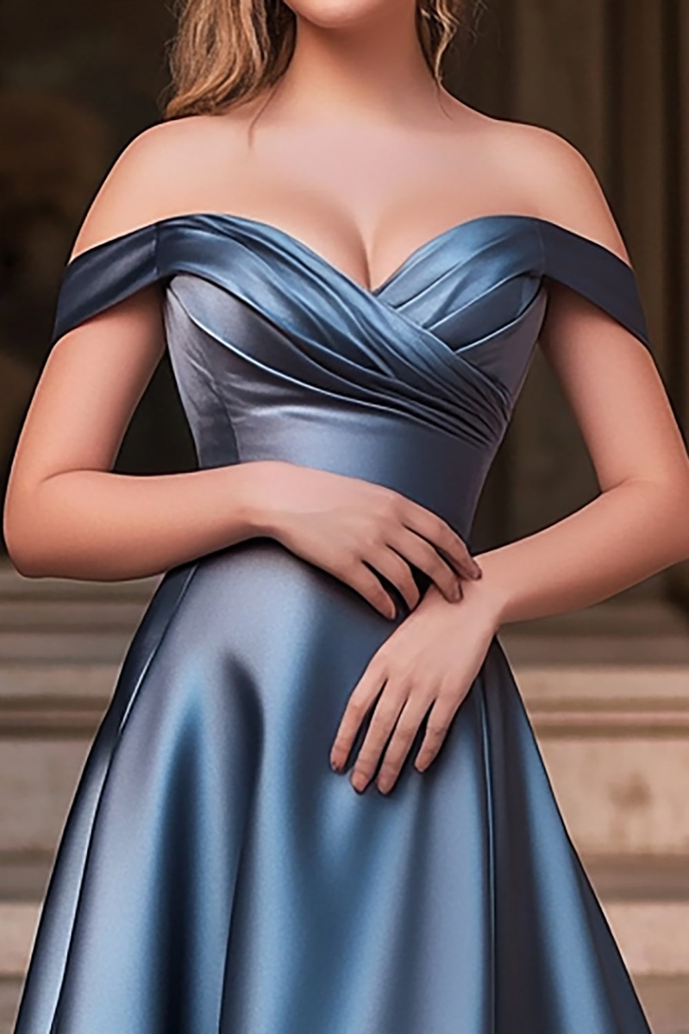 Dusty Blue A Line Off the Shoulder Satin Long Prom Dress