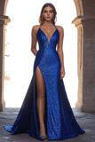 Sparkly Royal Blue Deep V-Neck Long Prom Dress with Slit