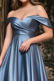 Off the Shoulder Dusty Blue A Line Satin Long Prom Dress
