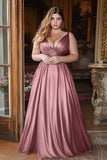 A Line Dusty Rose V-Neck Ruched Satin Long Prom Dress