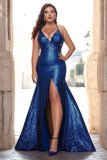 Sparkly Royal Blue Mermaid Sequins Long Prom Dress with Slit