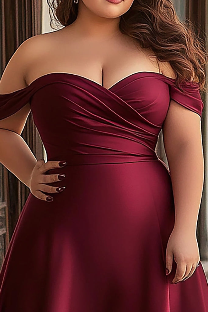 ZAPAKASA Women Burgundy A Line Satin Ruched Prom Dress Off the Shoulder