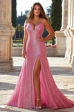 Sparkly Pink Mermaid Spaghetti Straps Long Prom Dress with Slit