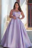 A Line Lilac Satin Sweetheart Long Prom Dress