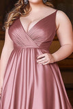 A Line Dusty Rose V-Neck Satin Long Prom Dress