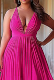 A Line Fuchsia Pleated Deep V-Neck Long Prom Dress