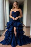 Navy Sweetheart Tulle Tiered Long Prom Dress with Slit
