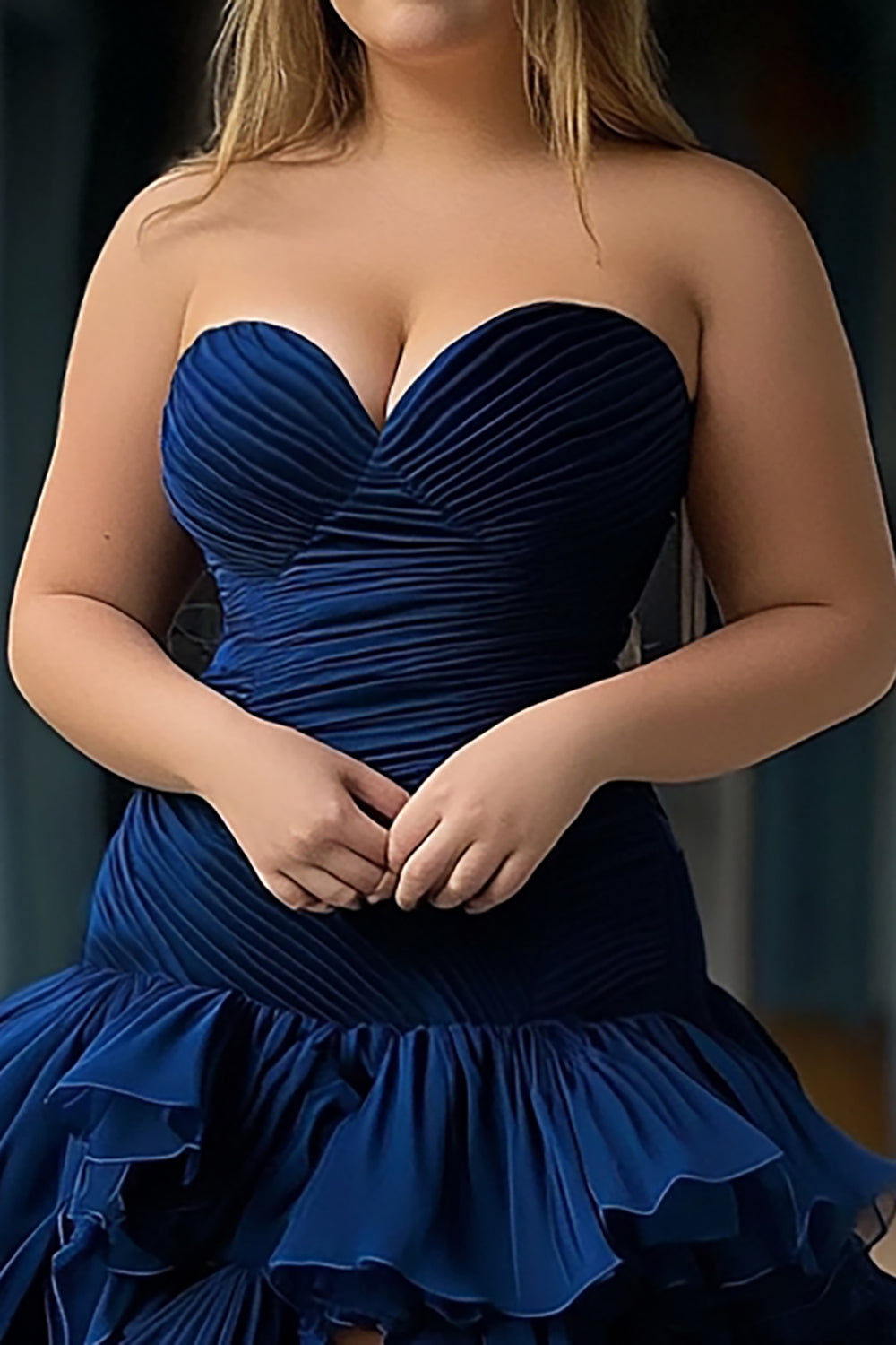 Navy Sweetheart Tulle Tiered Long Prom Dress with Slit