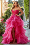 Fuchsia A Line Tiered Long Sweetheart Prom Dress with Slit