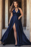 Navy Halter Satin Long A Line Prom Dress with Slit