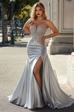 Sparkly Silver Mermaid Satin Long Prom Dress with Slit