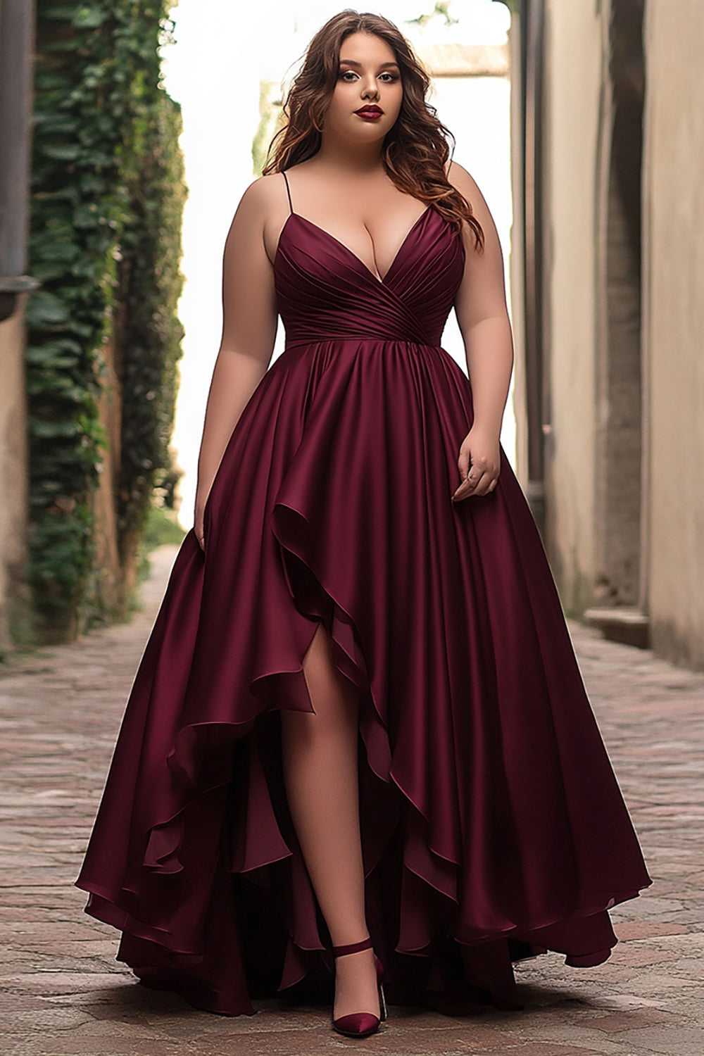 Burgundy A Line Satin V-Neck High-Low Prom Dress